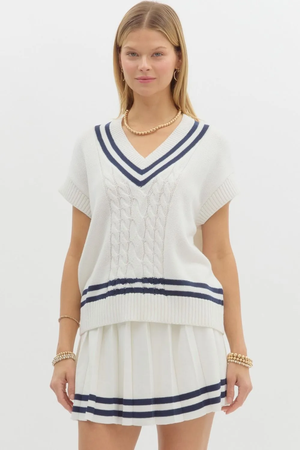 Modern Prep Solid Cable Knit Varsity Stripe Sweater Vest