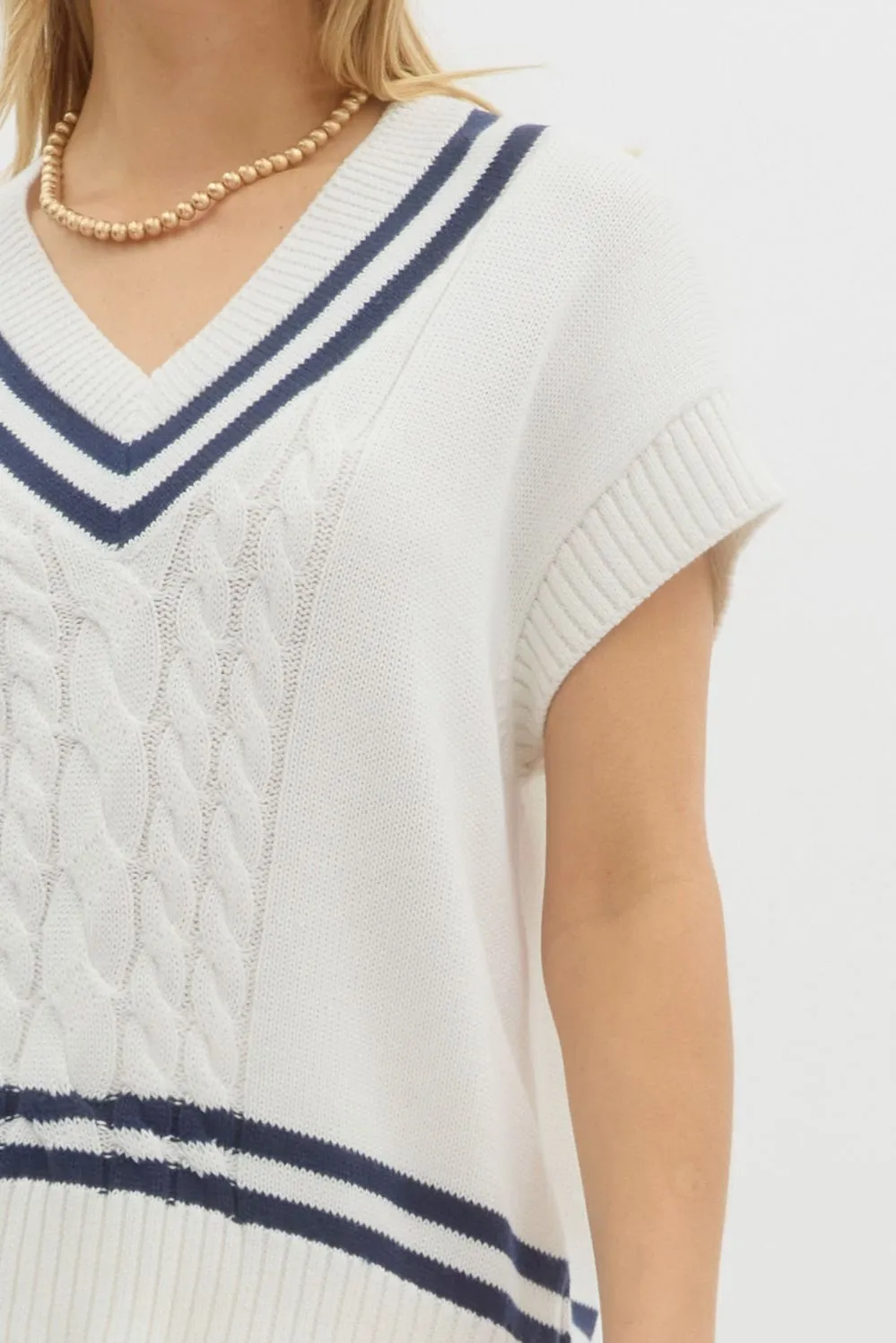 Modern Prep Solid Cable Knit Varsity Stripe Sweater Vest