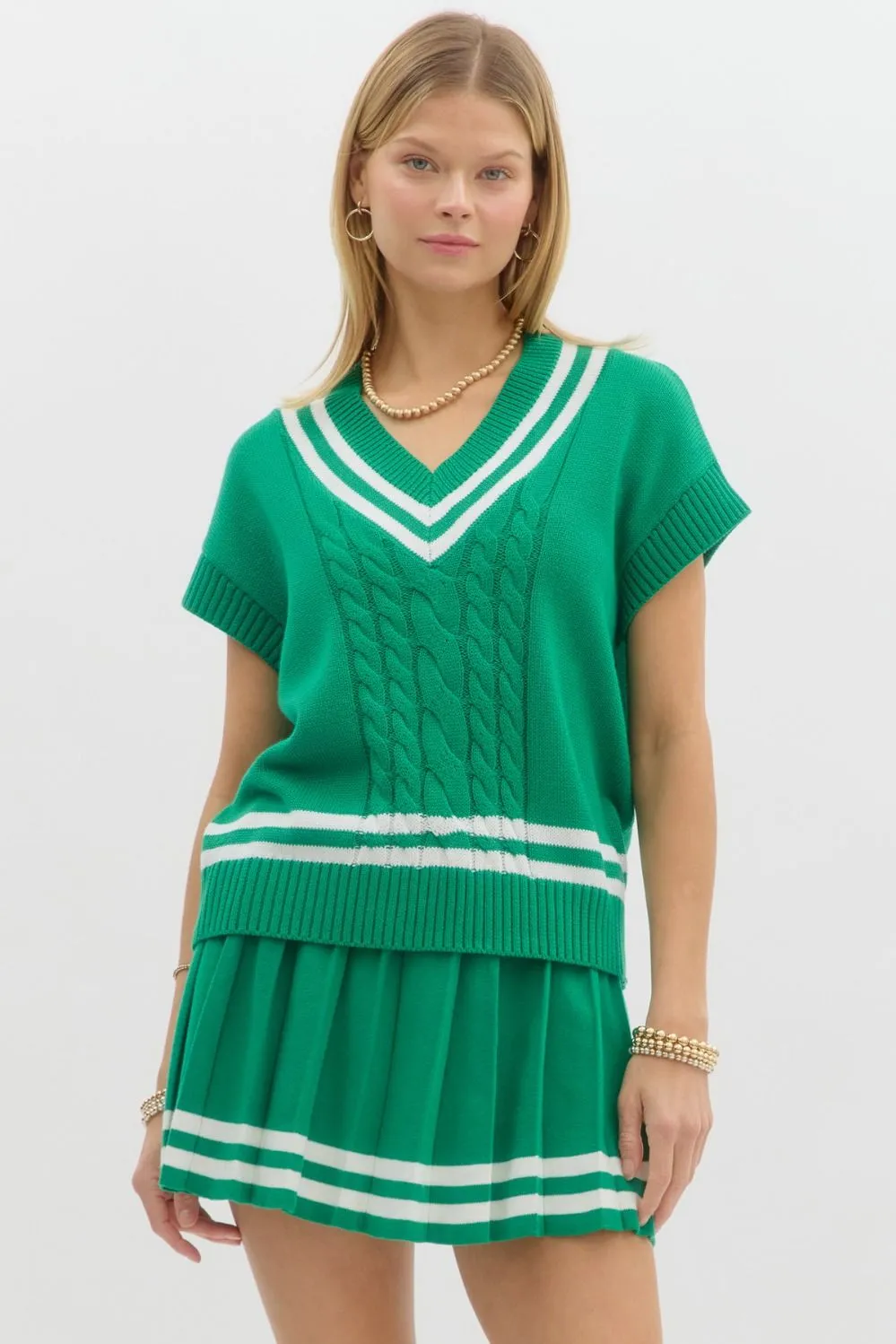 Modern Prep Solid Cable Knit Varsity Stripe Sweater Vest
