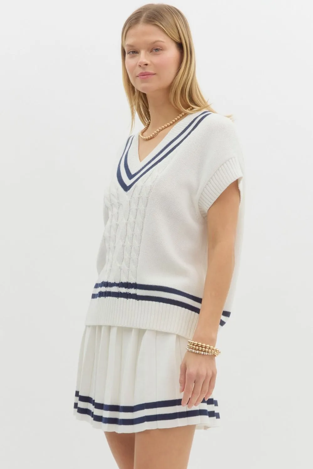 Modern Prep Solid Cable Knit Varsity Stripe Sweater Vest
