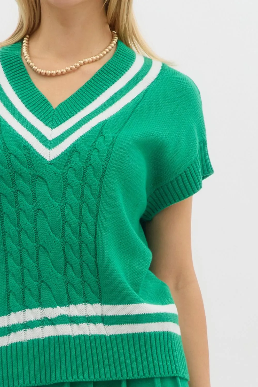 Modern Prep Solid Cable Knit Varsity Stripe Sweater Vest