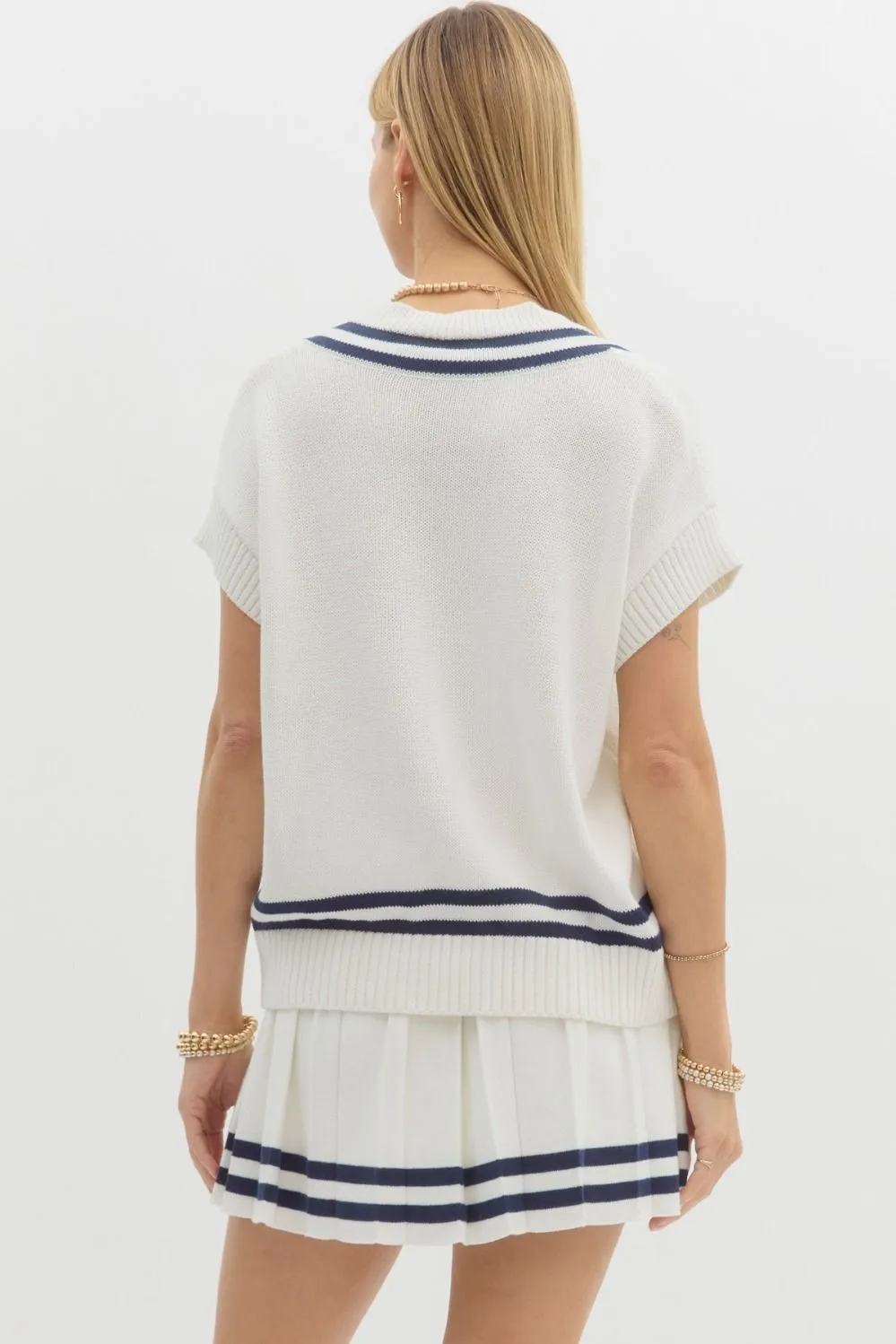 Modern Prep Solid Cable Knit Varsity Stripe Sweater Vest