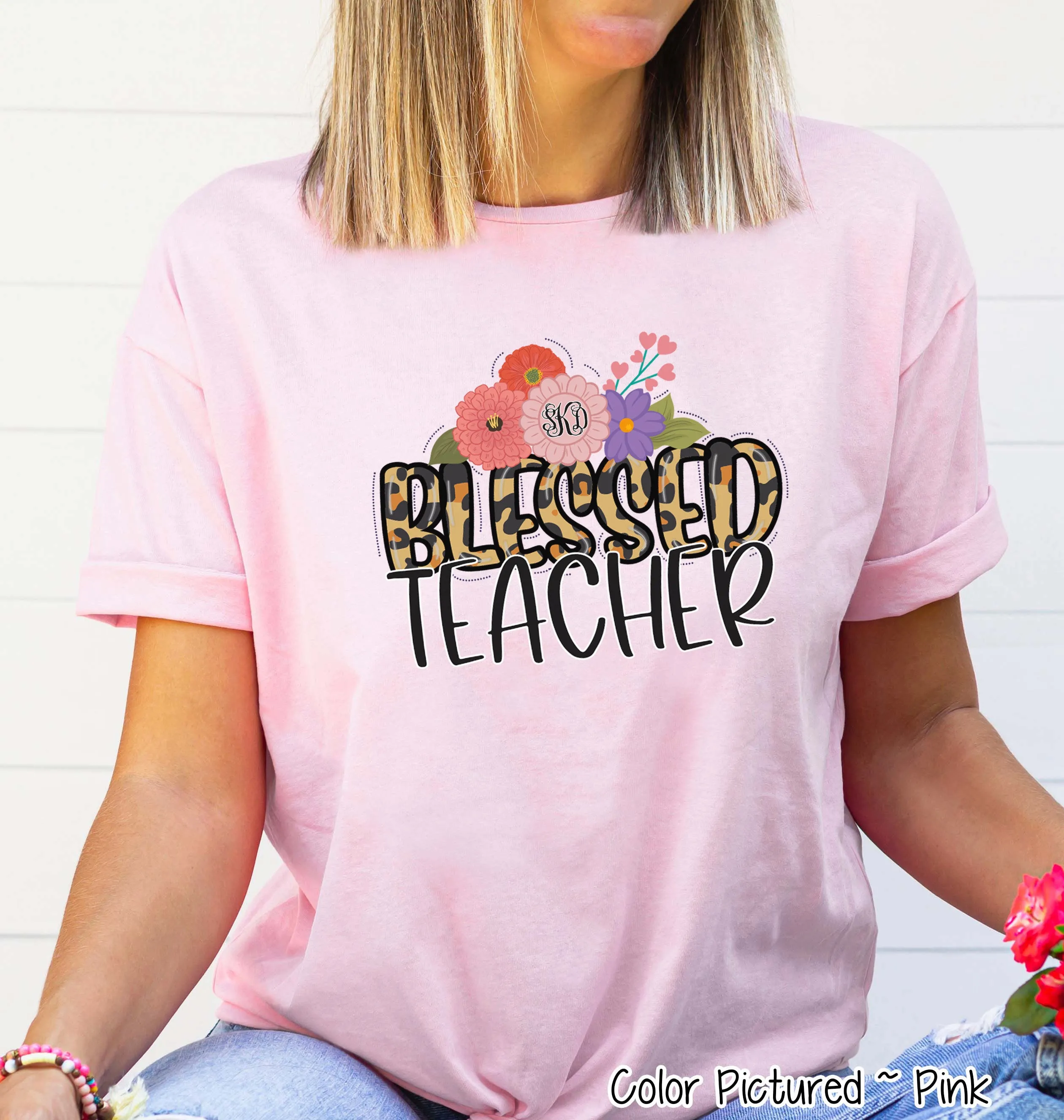 Monogram Blessed Leopard Teacher Tee