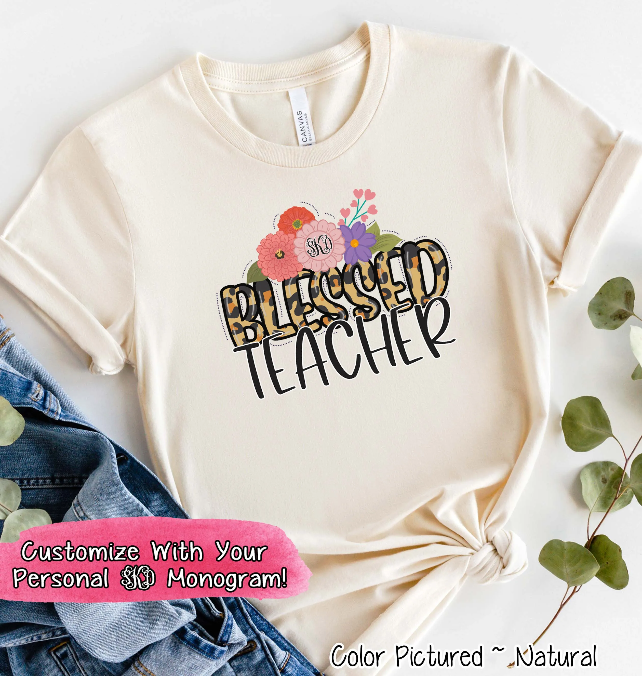Monogram Blessed Leopard Teacher Tee