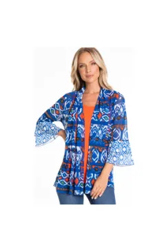 Multiples - Double Flounce 3/4 Sleeve Hi-Lo Drapey Shawl Collar Jacket - Multi-Colored - M22213JM
