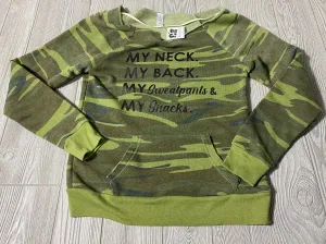 My neck, my back, my sweatpants and my snacks shirt