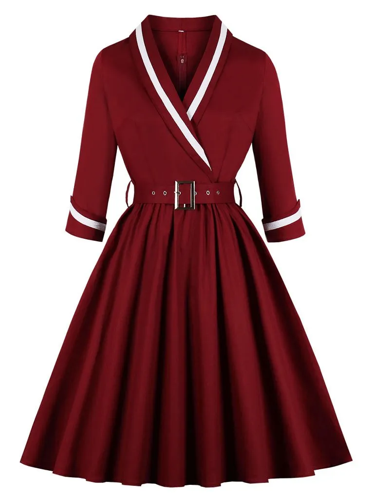 Navy 1950s V Neck Vintage Swing Dress With Belt