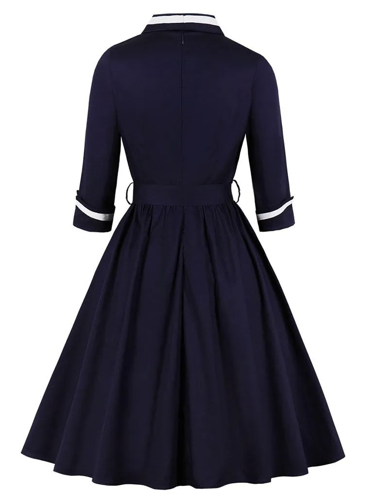 Navy 1950s V Neck Vintage Swing Dress With Belt
