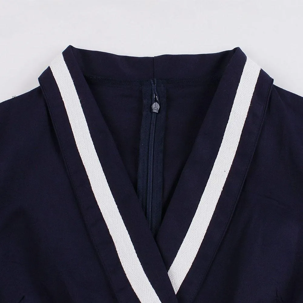 Navy 1950s V Neck Vintage Swing Dress With Belt