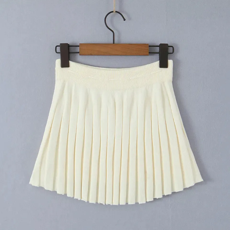 Nikko Cream Knitted Drawstring Waist Pleated Mini Skirt