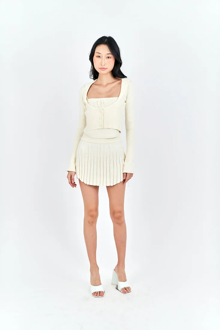 Nikko Cream Knitted Drawstring Waist Pleated Mini Skirt