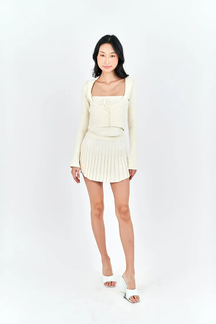 Nikko Cream Knitted Drawstring Waist Pleated Mini Skirt