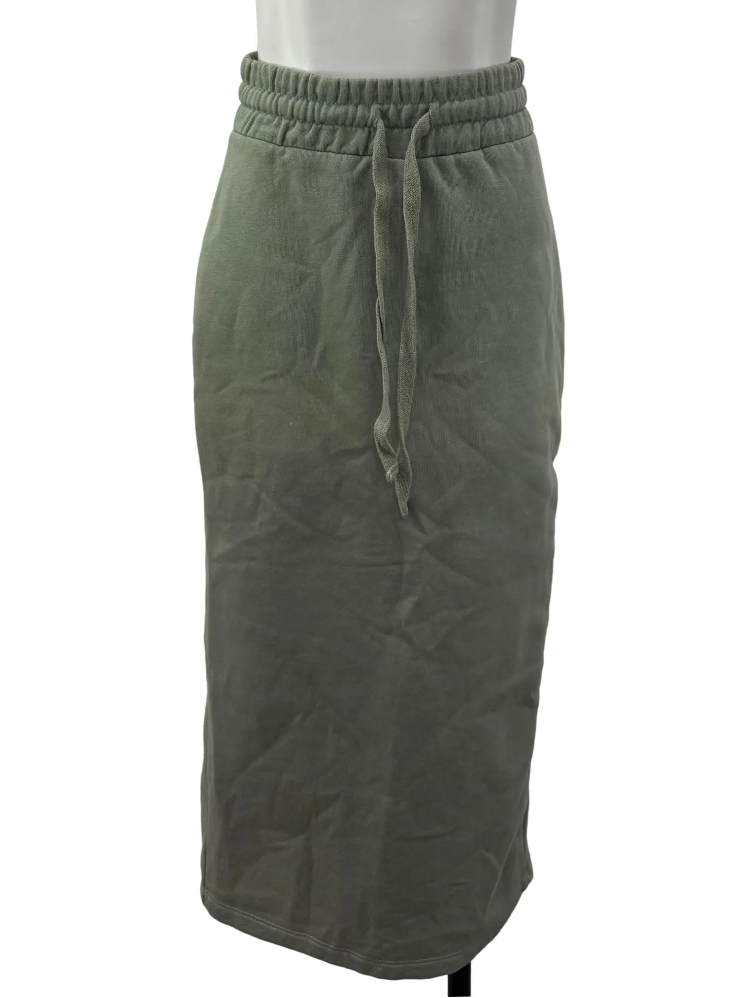 Olive Green Knit Midi Skirt With Drawstring Waist And Back Slit