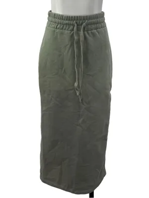 Olive Green Knit Midi Skirt With Drawstring Waist And Back Slit