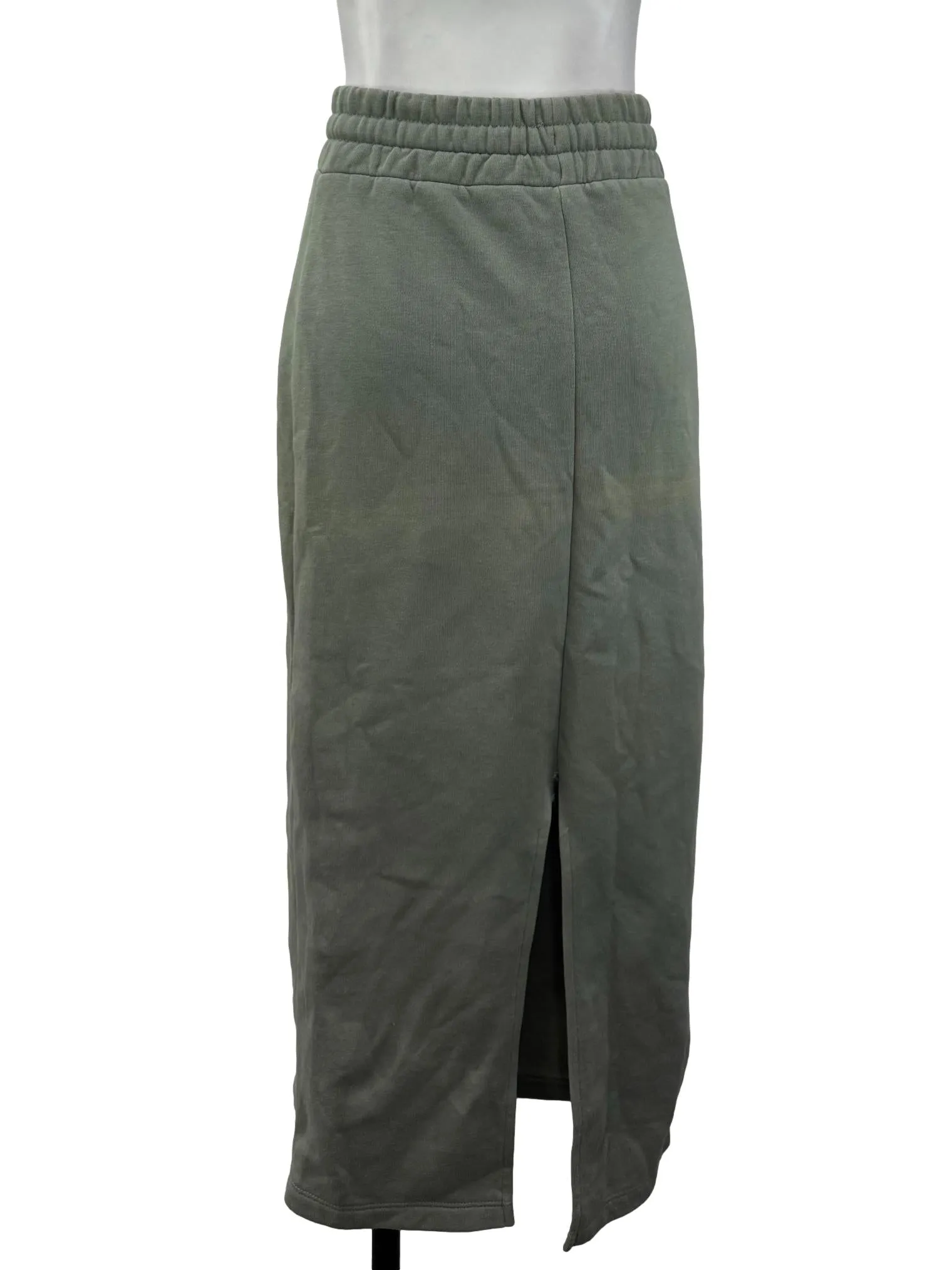 Olive Green Knit Midi Skirt With Drawstring Waist And Back Slit