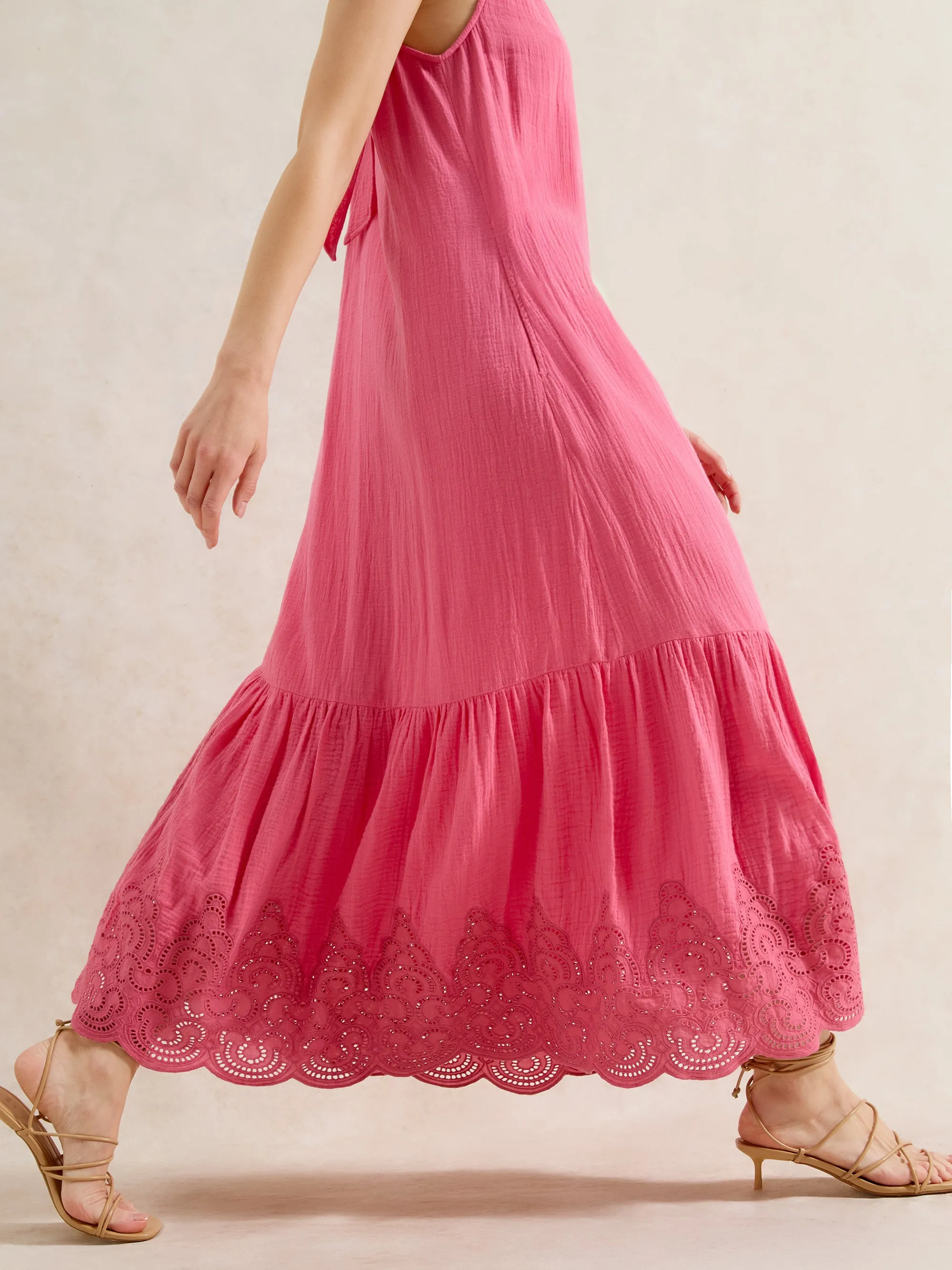 Petite Pink Broderie Hem Cheesecloth Maxi Dress