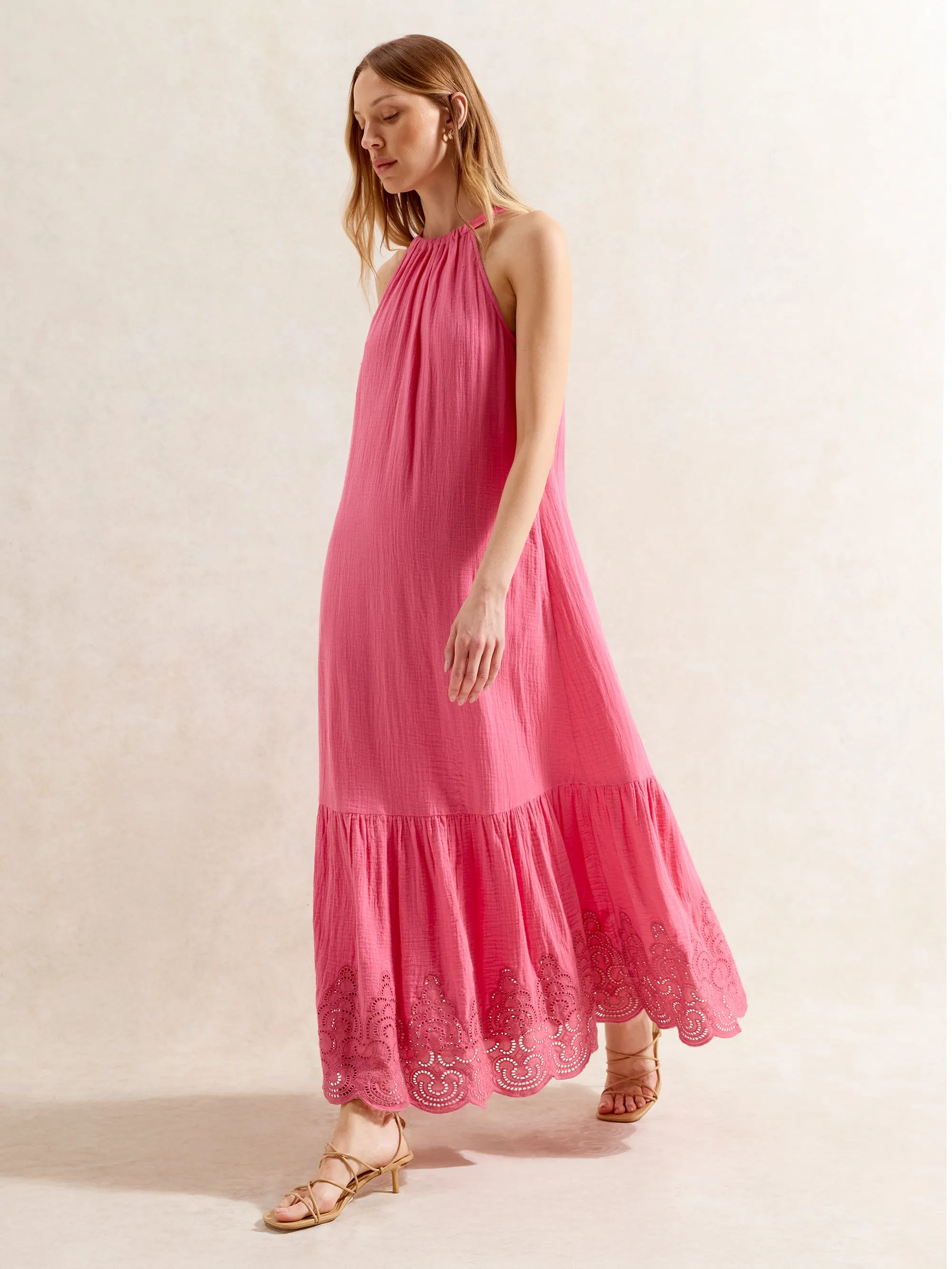 Petite Pink Broderie Hem Cheesecloth Maxi Dress
