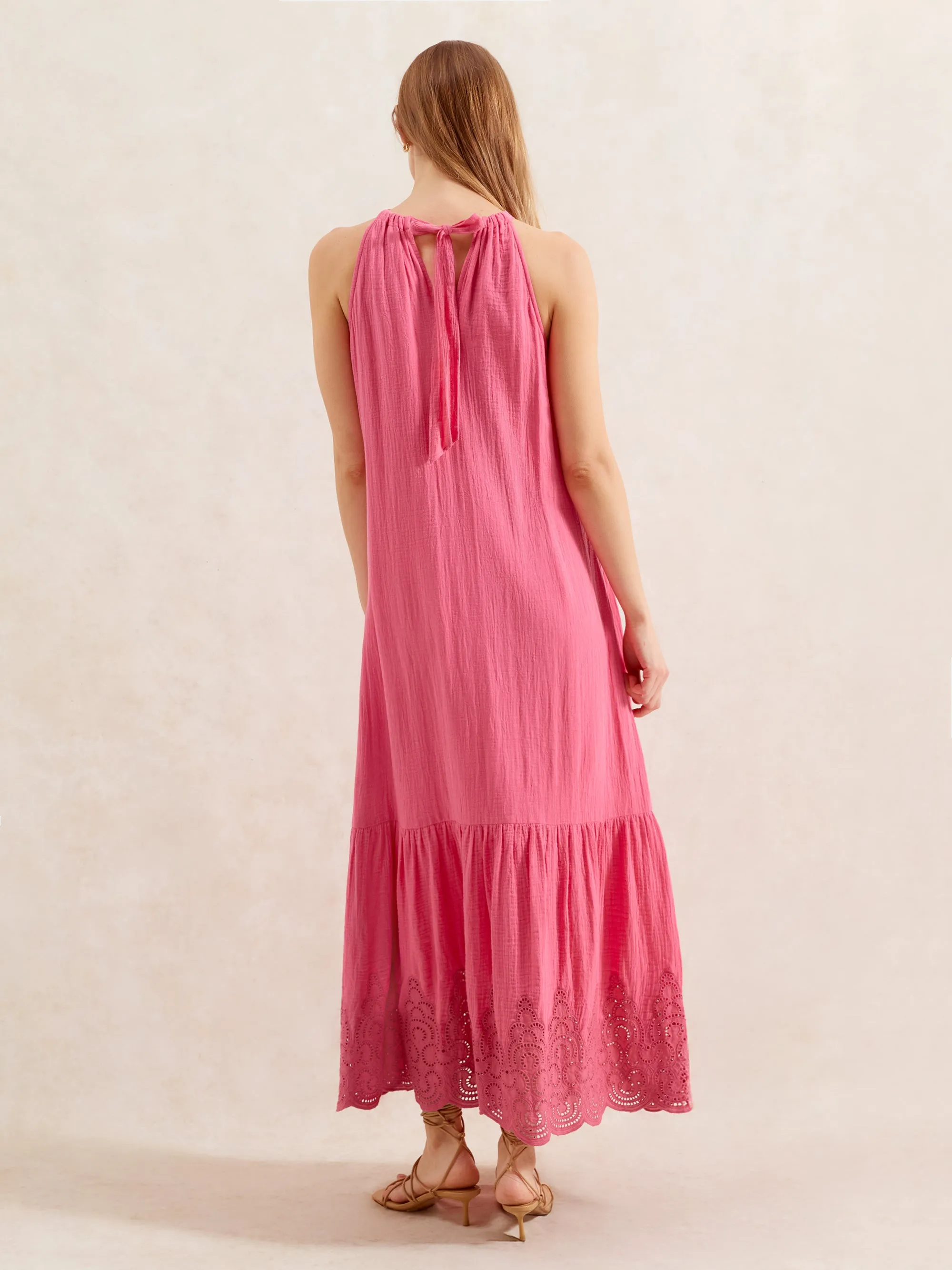 Petite Pink Broderie Hem Cheesecloth Maxi Dress