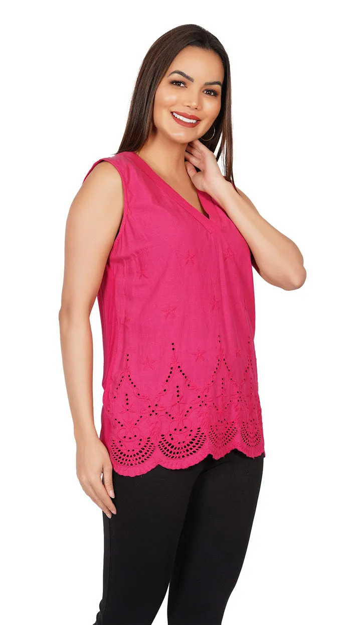 Pink Cotton Solid V-Neck Sleeveless with Schiffli embroidery Top