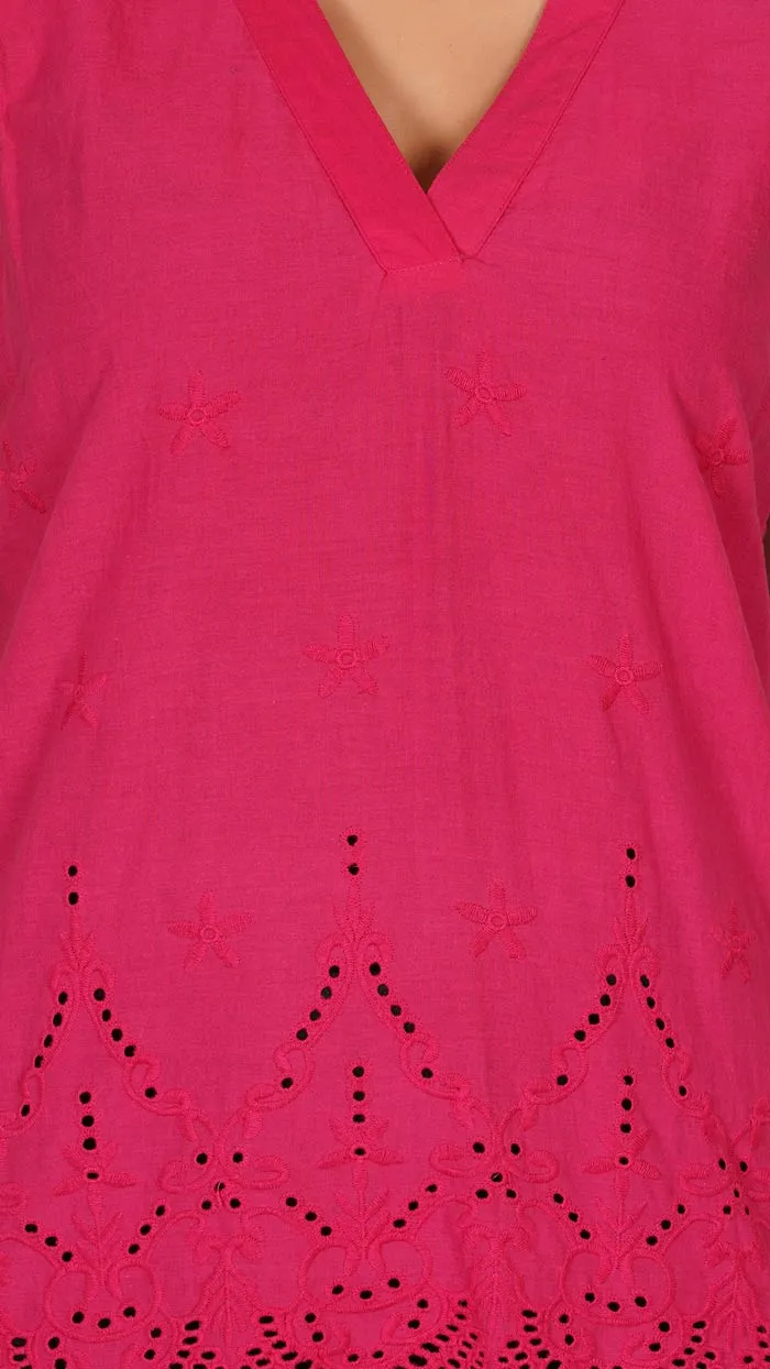 Pink Cotton Solid V-Neck Sleeveless with Schiffli embroidery Top