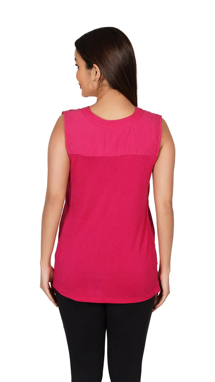 Pink Cotton Solid V-Neck Sleeveless with Schiffli embroidery Top