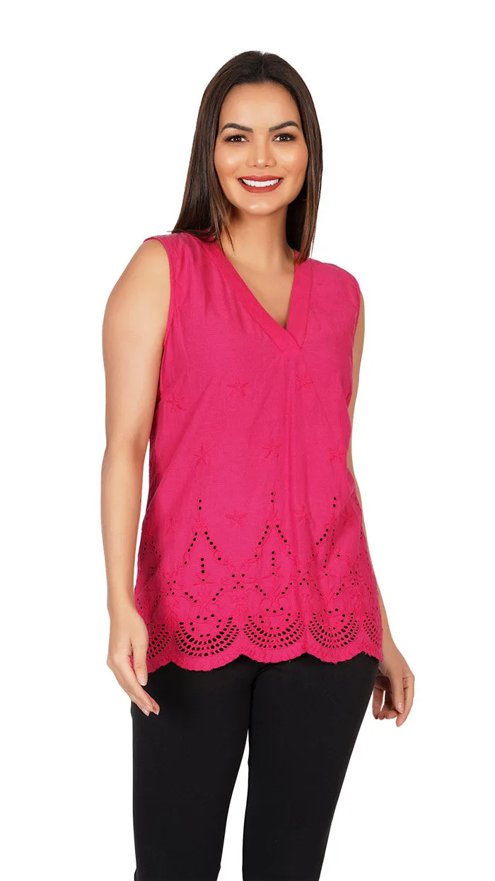 Pink Cotton Solid V-Neck Sleeveless with Schiffli embroidery Top