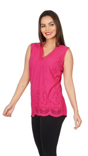 Pink Cotton Solid V-Neck Sleeveless with Schiffli embroidery Top