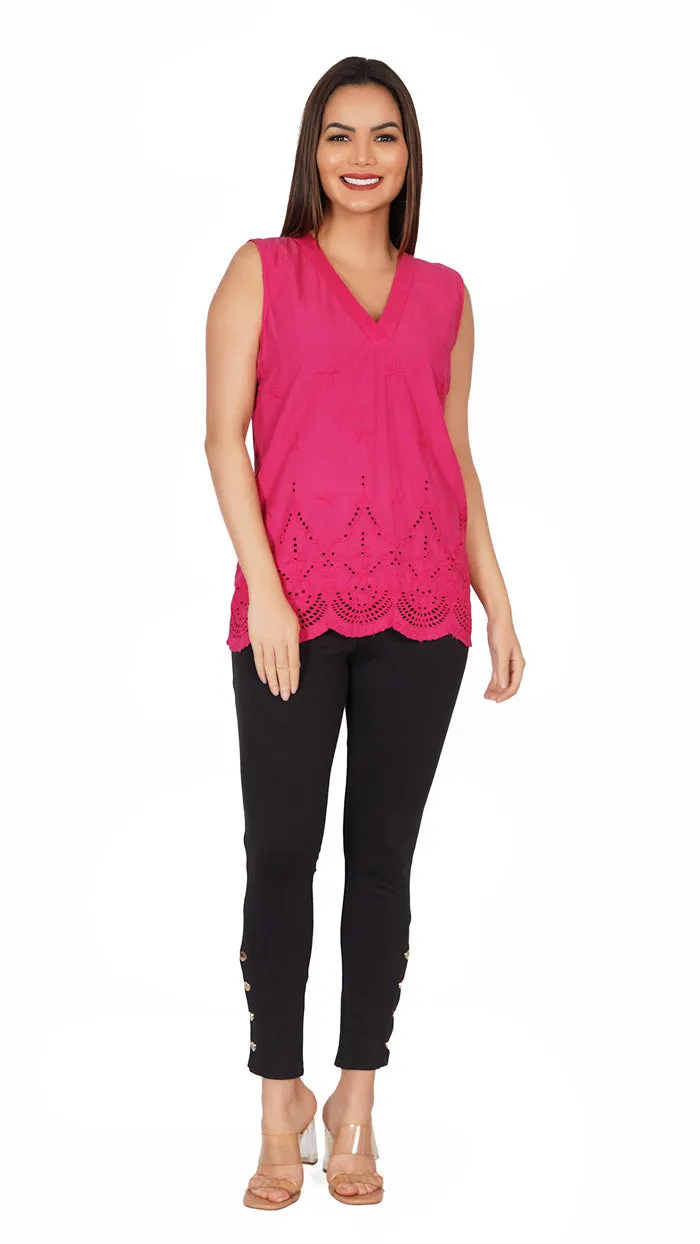 Pink Cotton Solid V-Neck Sleeveless with Schiffli embroidery Top