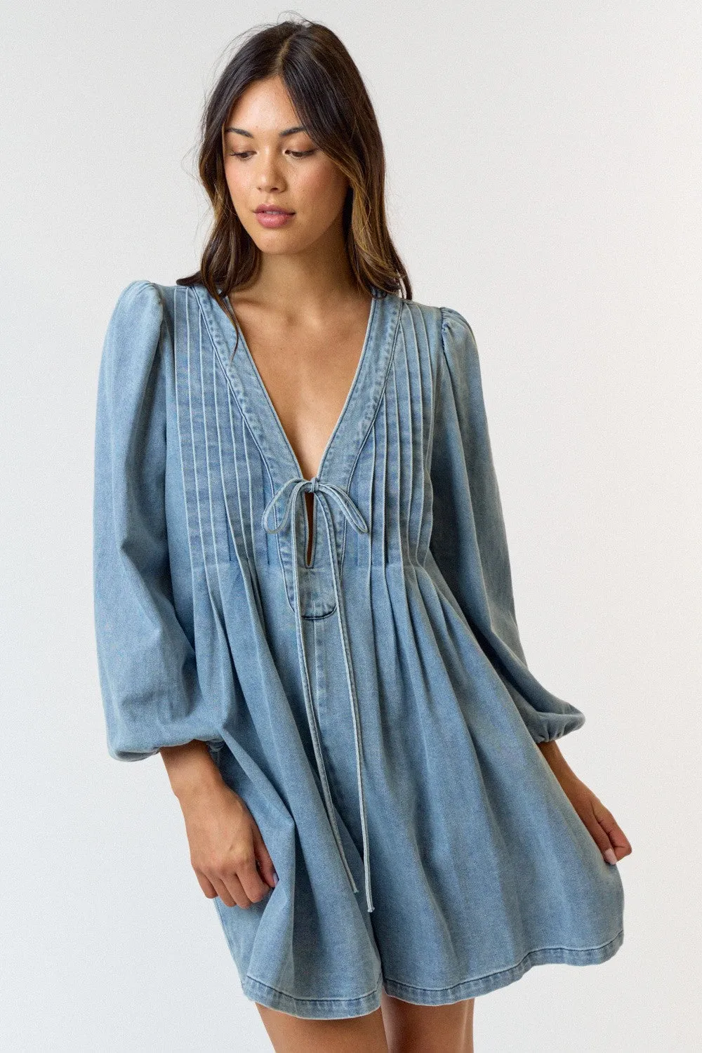 PLEATED FRONT TIE DENIM ROMPER W/ POCKET