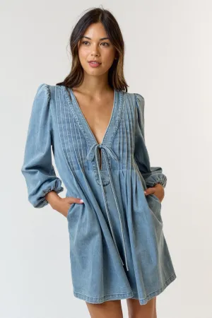 PLEATED FRONT TIE DENIM ROMPER W/ POCKET