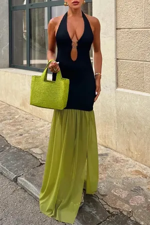 Plunging Neck Fitted Colorblock Flowy Slit Hem Halter Maxi Dresses-Black