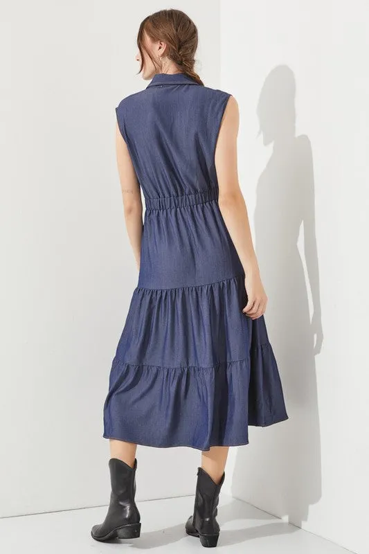 PLUS SLEEVELESS BUTTON DOWN COLLARED DENIM DRESS, Jade by Jane