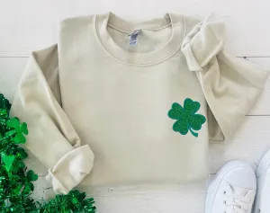 Pocket Glitter Embroidered Four Leaf Clover Sweatshirt
