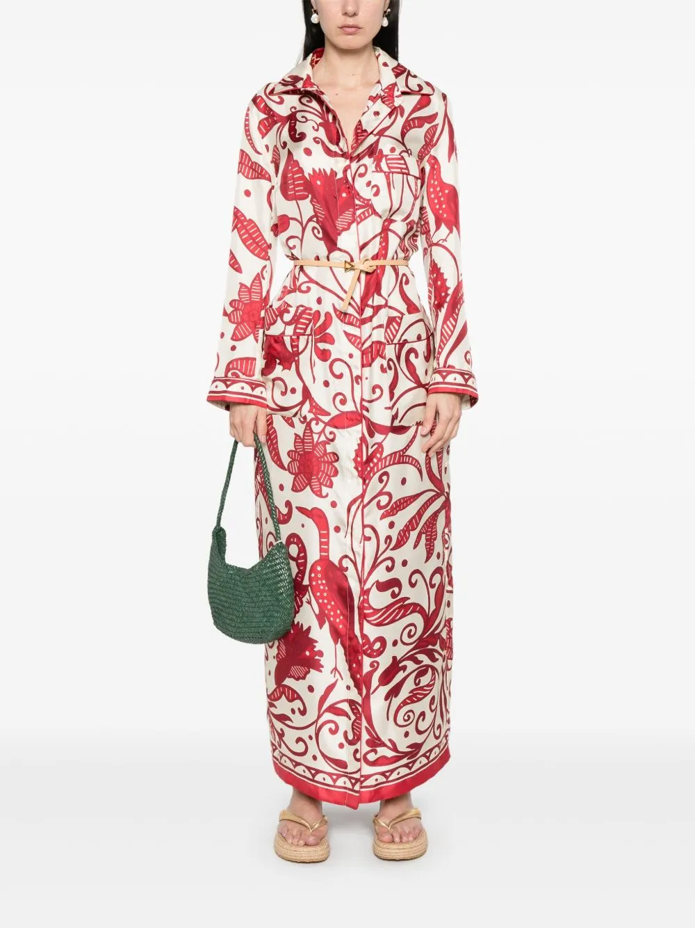 Printed silk long shirtdress