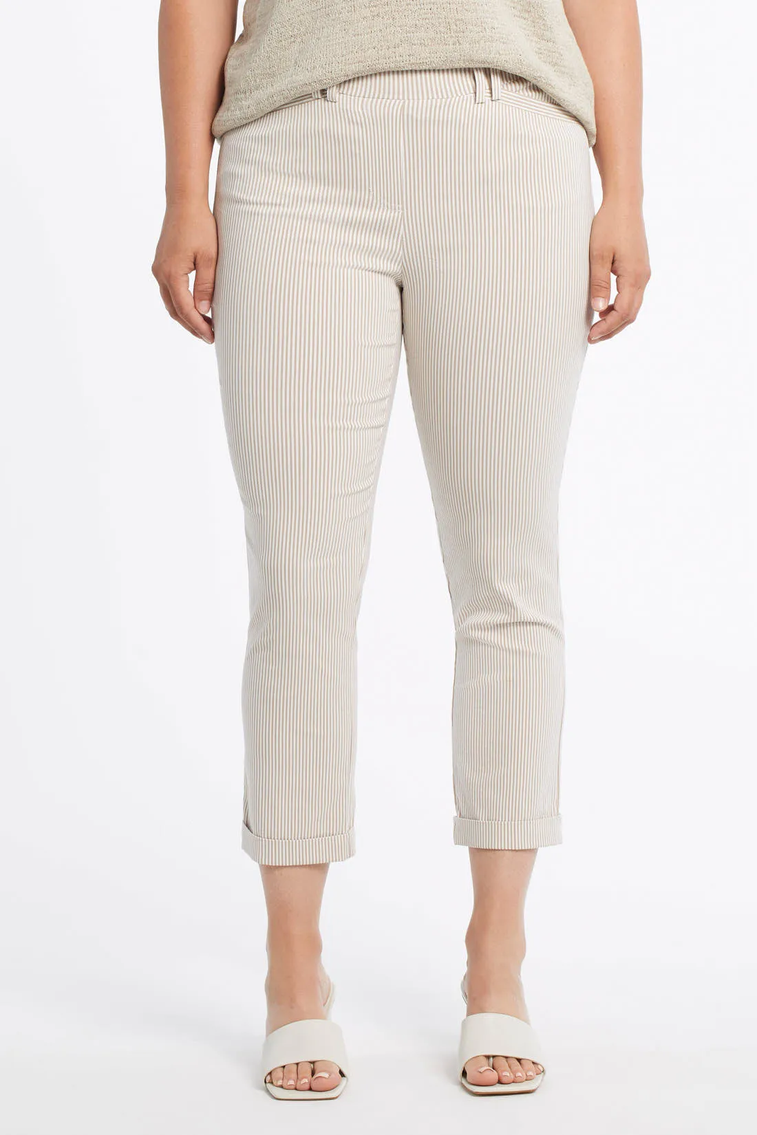 Pull-on Cuffed Capri - Sesame/White Stripe