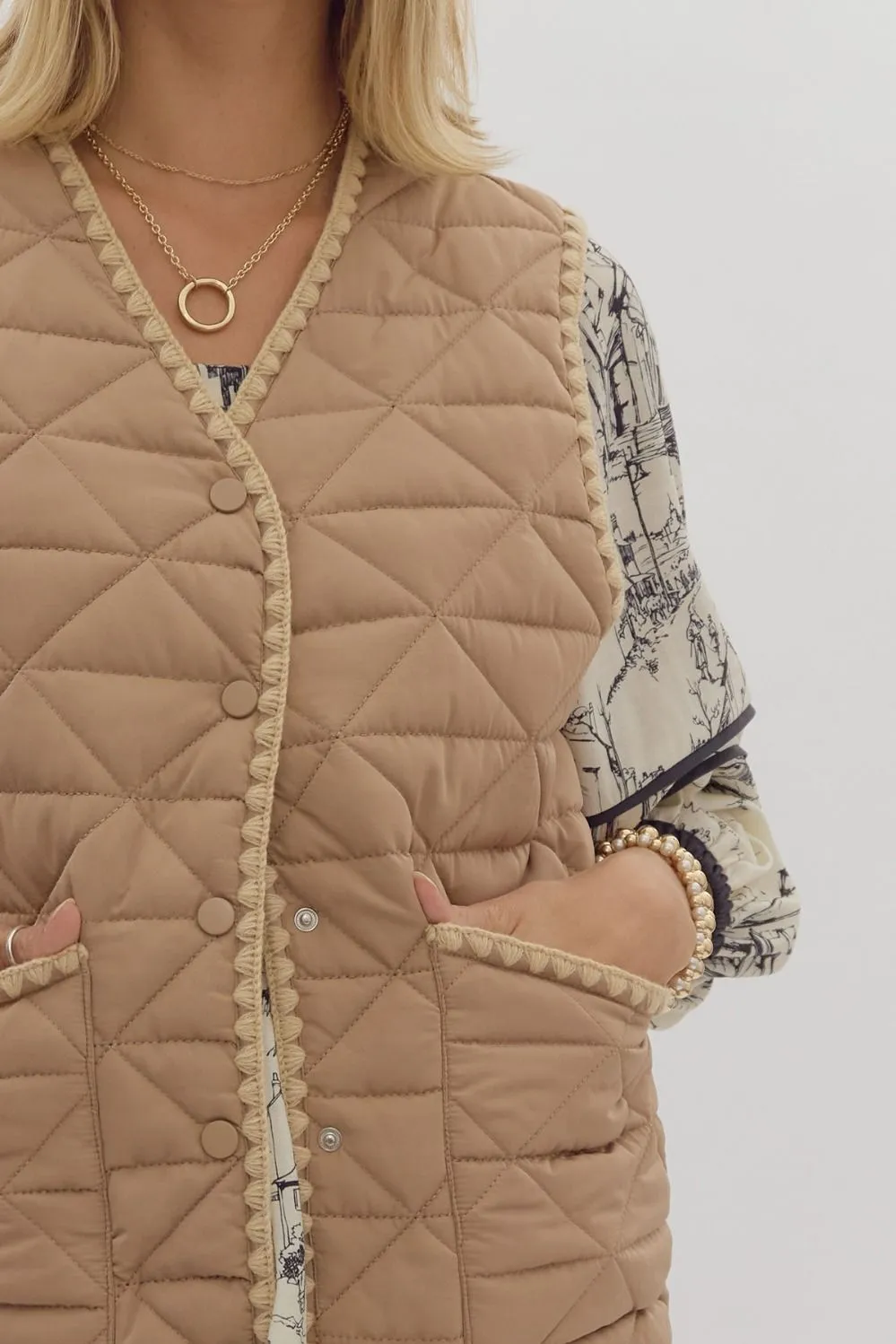 Quilted Button Up Vest {Light Camel}