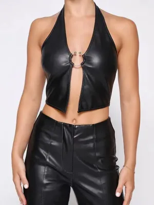 Rave Leather Crop Top Halter Deep V-neck PU Faux Leather Bustier Crop Top Tights Tank Camis Vest Sexy Clubwear Croptop Cropped Streetwear Shirts