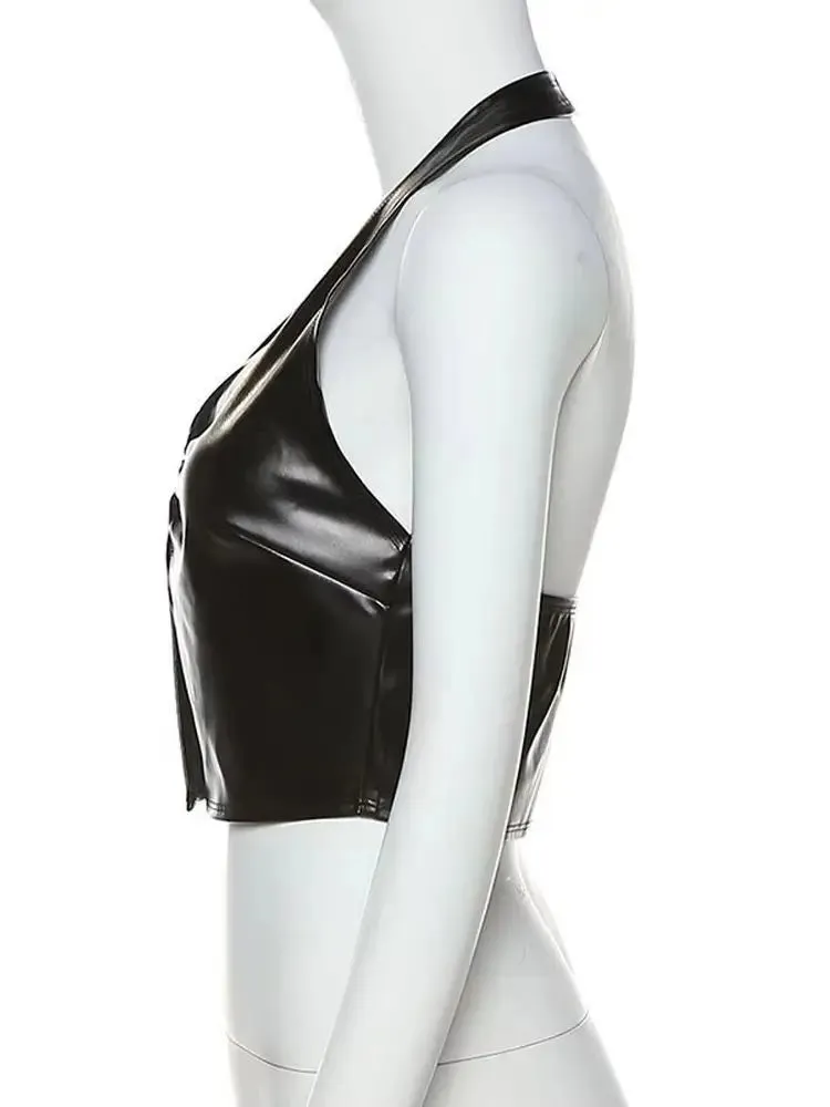 Rave Leather Crop Top Halter Deep V-neck PU Faux Leather Bustier Crop Top Tights Tank Camis Vest Sexy Clubwear Croptop Cropped Streetwear Shirts