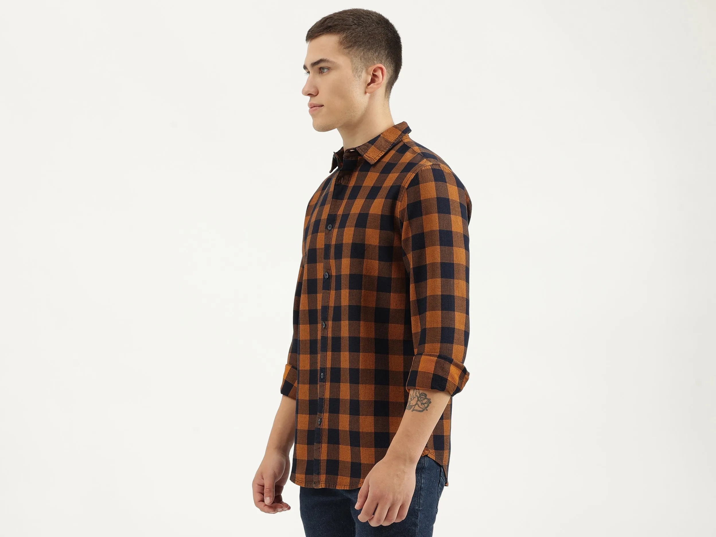 Regular Fit Spread Collar Checkered Shirts
