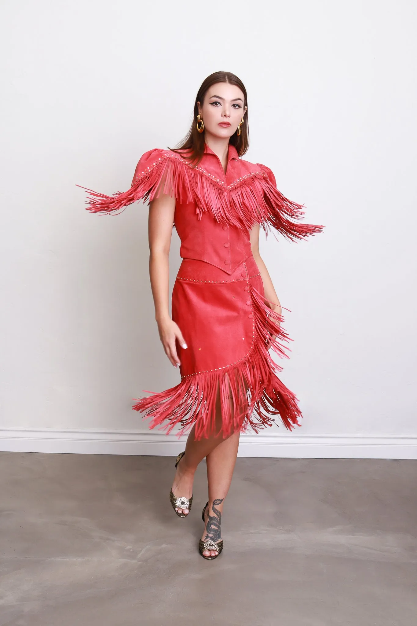 Rhinestone & Fringe Suede Skirt Set