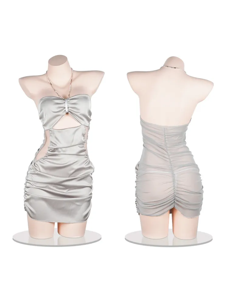 Ruched Lace Panel Chain Halter Satin Slip Dress