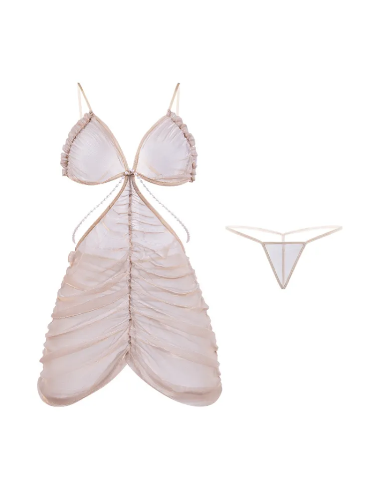 Ruched Sheer Halter Pearl Cutout Slip Dress