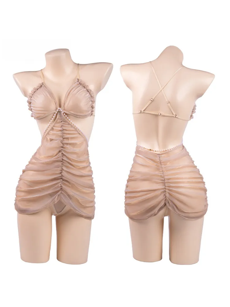 Ruched Sheer Halter Pearl Cutout Slip Dress