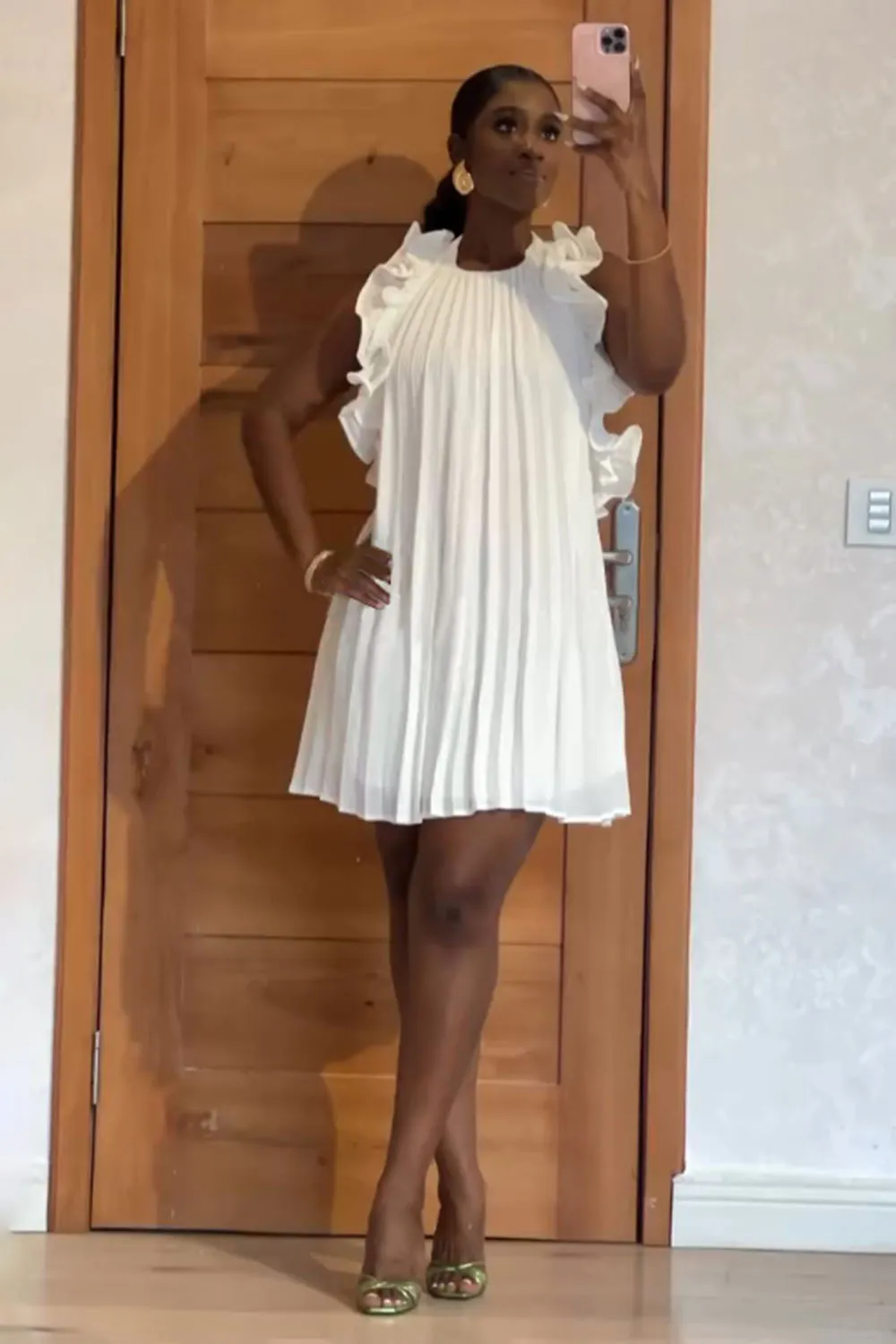 Ruffle Halter Open Back Pleated Daily Mini Swing Dresses-White [Pre Order]