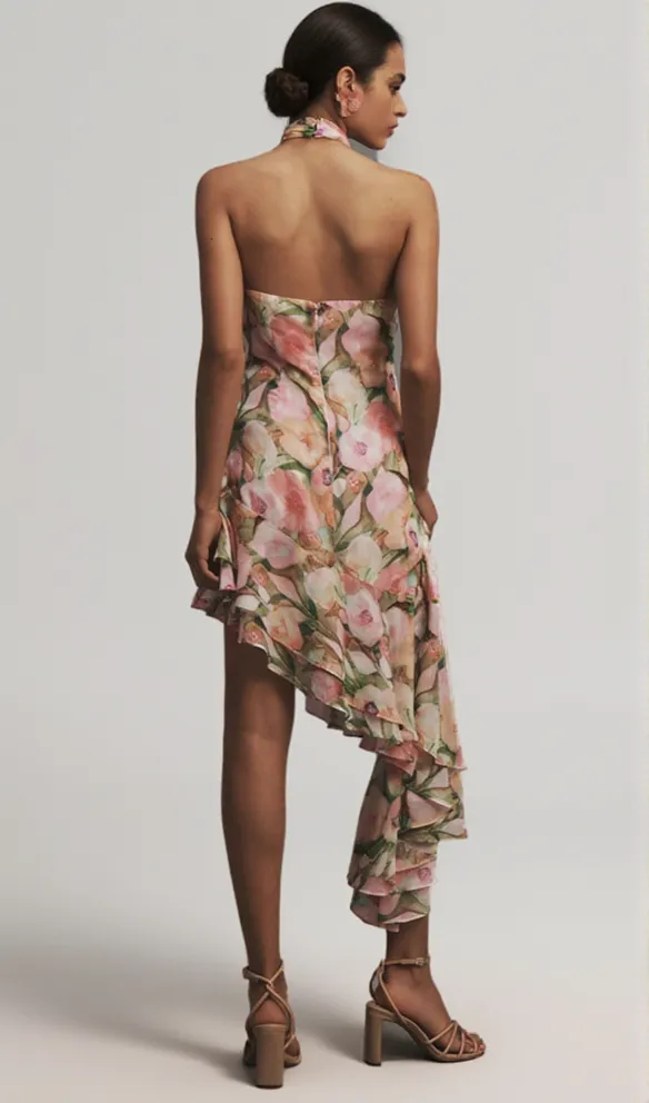 SABINA PINK GREEN ASYMMETRIC FLORAL HALTER MIDI DRESS