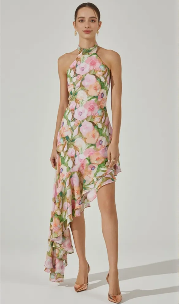 SABINA PINK GREEN ASYMMETRIC FLORAL HALTER MIDI DRESS