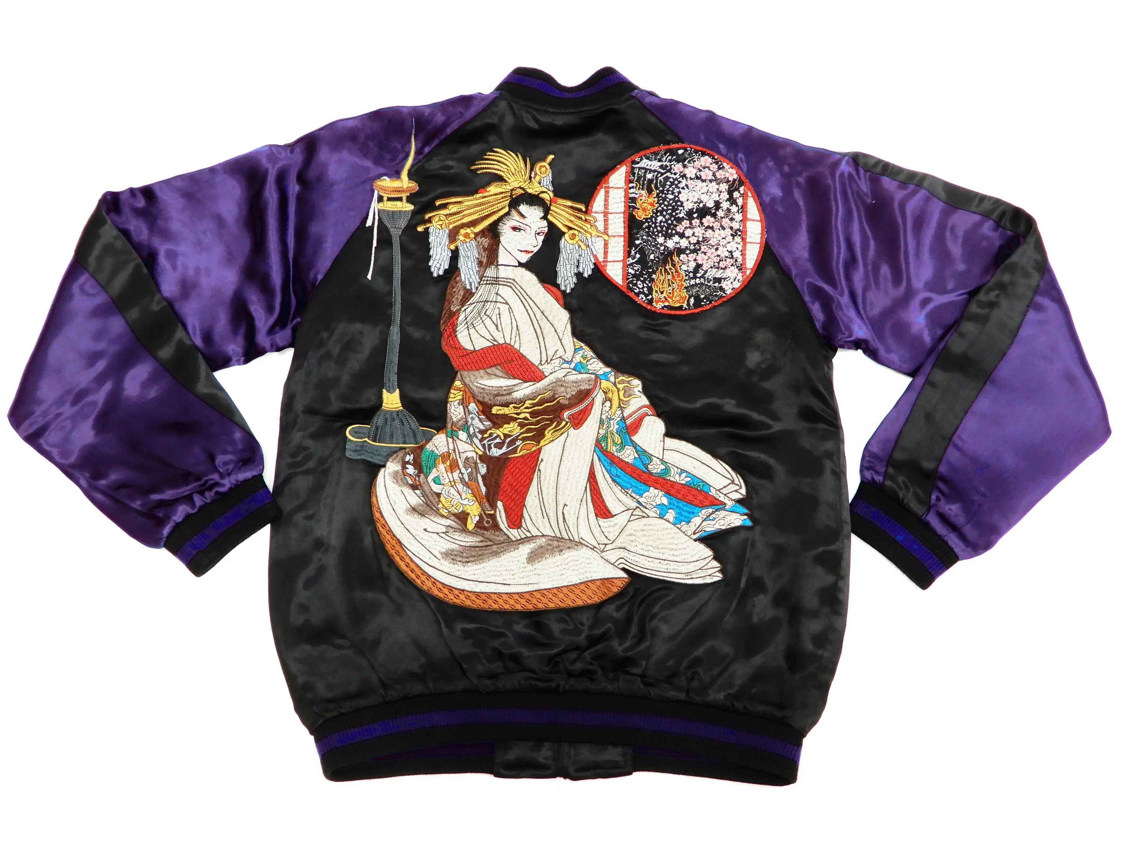 Satori Script Men's Japanese Souvenir Jacket Geisha Oiran Sukajan GSJR-021 Black/Dark-Blue