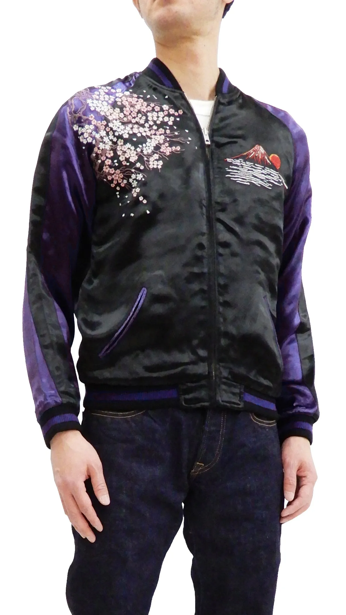 Satori Script Men's Japanese Souvenir Jacket Geisha Oiran Sukajan GSJR-021 Black/Dark-Blue