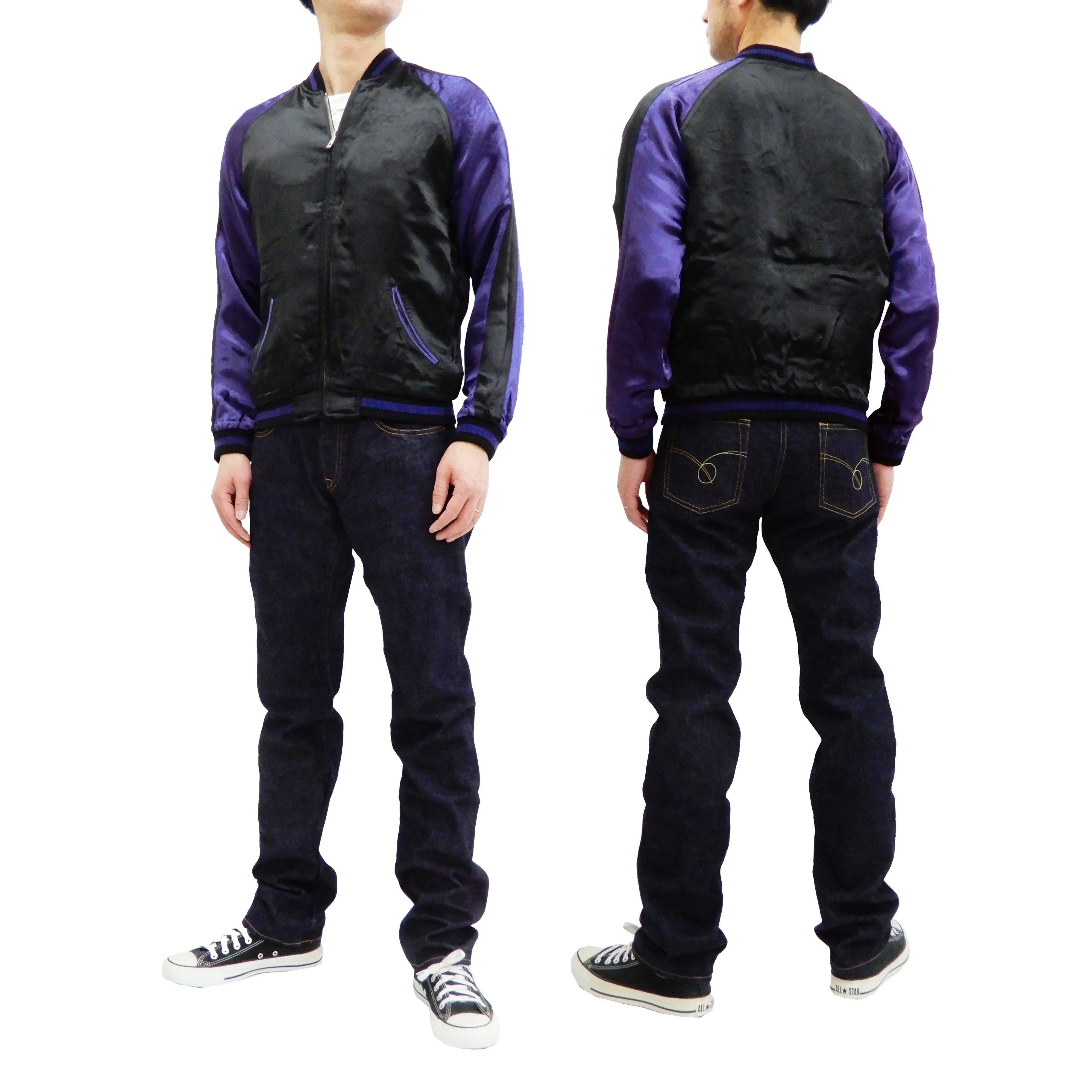 Satori Script Men's Japanese Souvenir Jacket Geisha Oiran Sukajan GSJR-021 Black/Dark-Blue