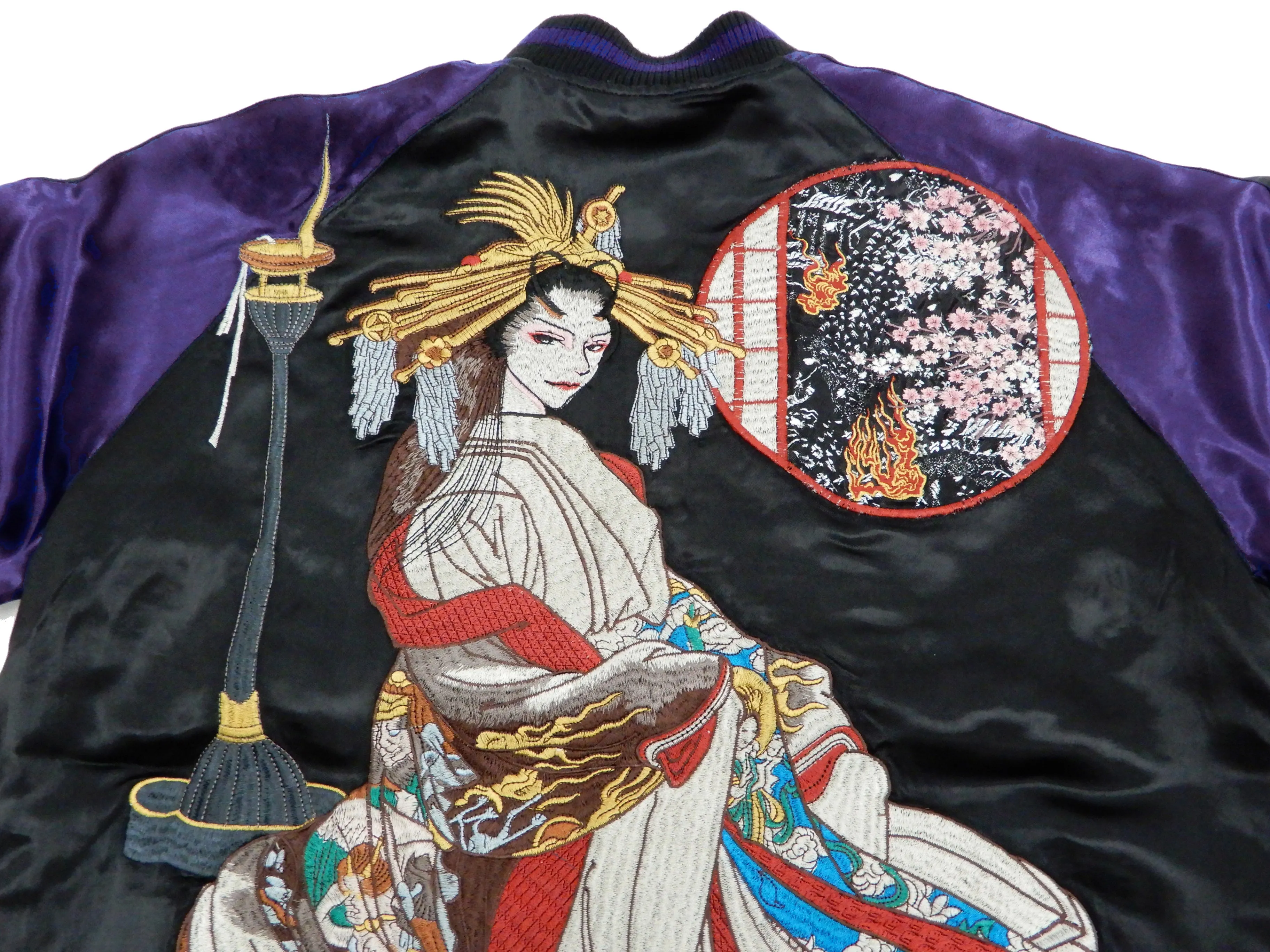 Satori Script Men's Japanese Souvenir Jacket Geisha Oiran Sukajan GSJR-021 Black/Dark-Blue